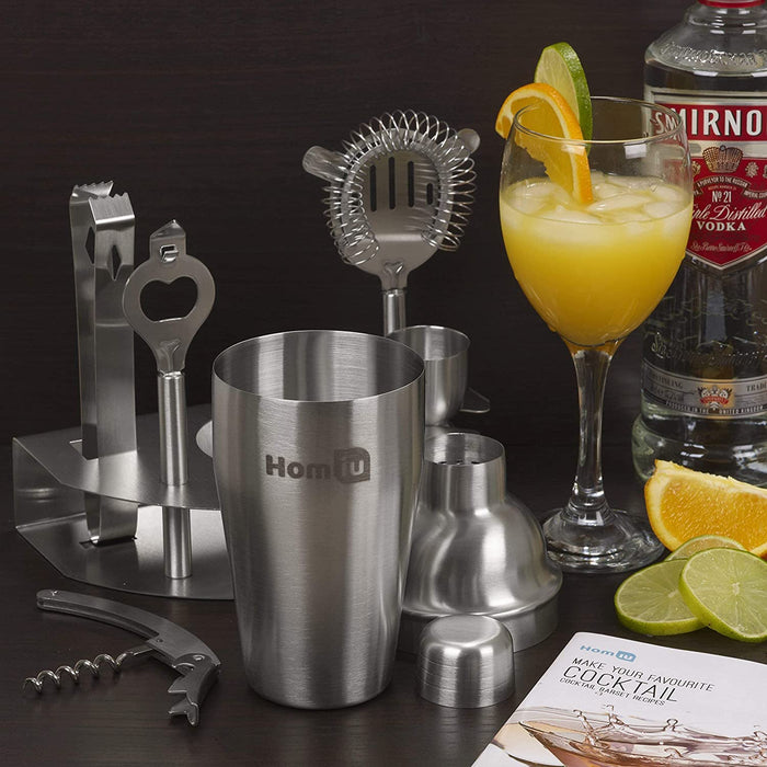 Homiu Deluxe Cocktail Stainless Steel Bar Gift 8 Piece Set with Elegant Table Stand