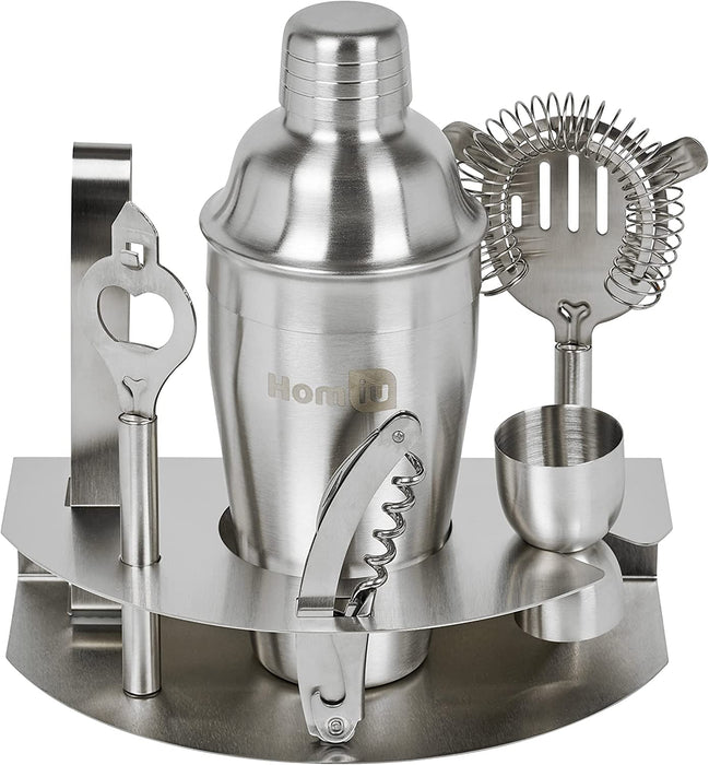 Homiu Deluxe Cocktail Stainless Steel Bar Gift 8 Piece Set with Elegant Table Stand