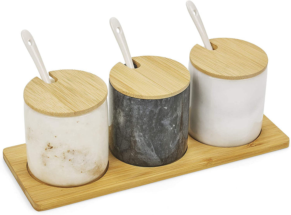 Homiu Spice Jar Set Round, 3 Pack Black and Two White Marble Pots with Bamboo Lids Holder and Ceramic Spoons