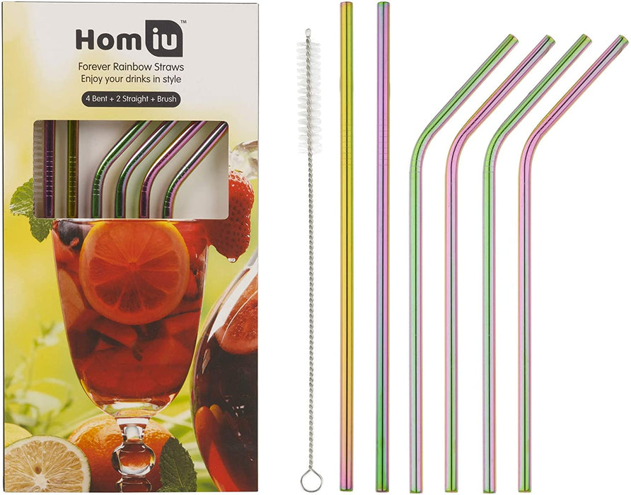 Homiu Forever Straws Includes Cleaning Brush Stainless Steel (Rainbow, 4 Bent + 2 Straight)