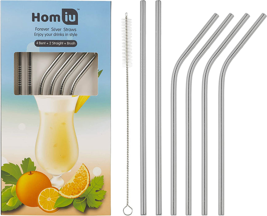 Homiu Stainless Steel Straws Forever Includes Cleaning Brush (Silver, 4 Bent + 2 Straight)