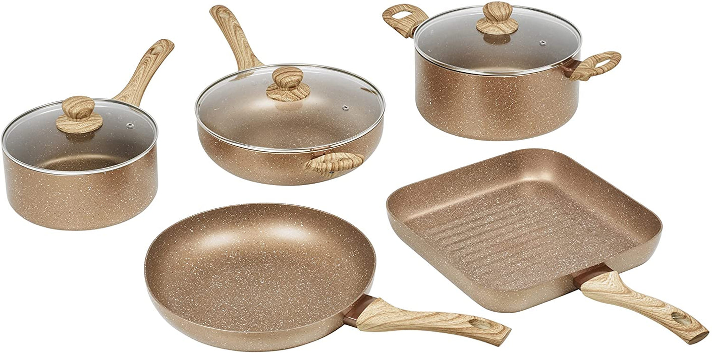 Salmon Frying Pan and Pot Set, 8-Piece, Stone Cookware Set with Tempered Glass Lids