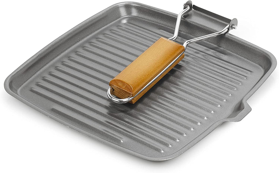 Homiu Griddle Pan Plate Carbon Steel with Non-Stick Ridge Surfaces, Frying Pans with Folding Handle for Stoves and Grills (Square)