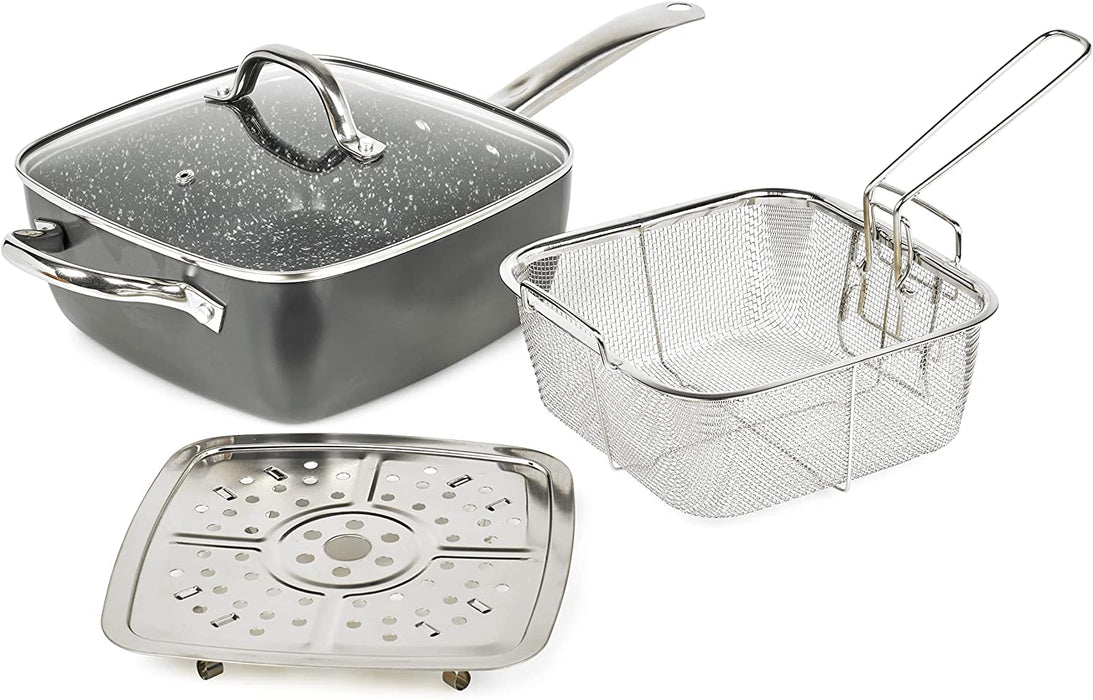 4 in 1 Non Stick Pot, Deep Multi-Use Pan with Fry Basket, Steamer Insert, Tempered Glass Lid