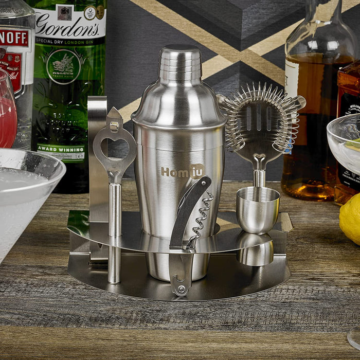 Homiu Deluxe Cocktail Stainless Steel Bar Gift 8 Piece Set with Elegant Table Stand