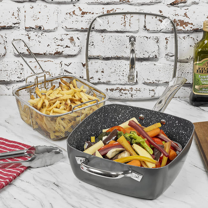 4 in 1 Non Stick Pot, Deep Multi-Use Pan with Fry Basket, Steamer Insert, Tempered Glass Lid