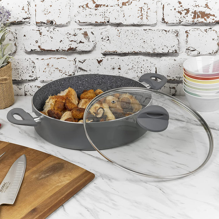 Homiu Shallow Non Stick Casserole Dish with Tempered Glass Lid, 29cm Forged Pot