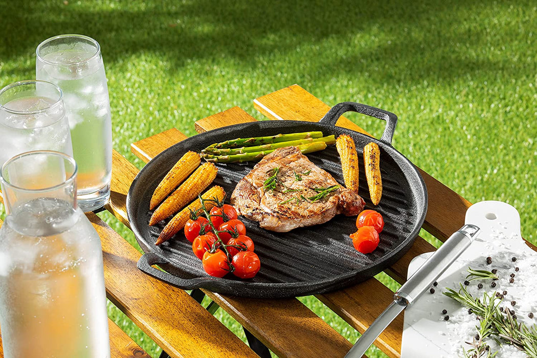 Homiu Round Grey Cast Iron Griddle Plate, Frying, Enamel Pan Grill, BBQ, Skillet, NEW