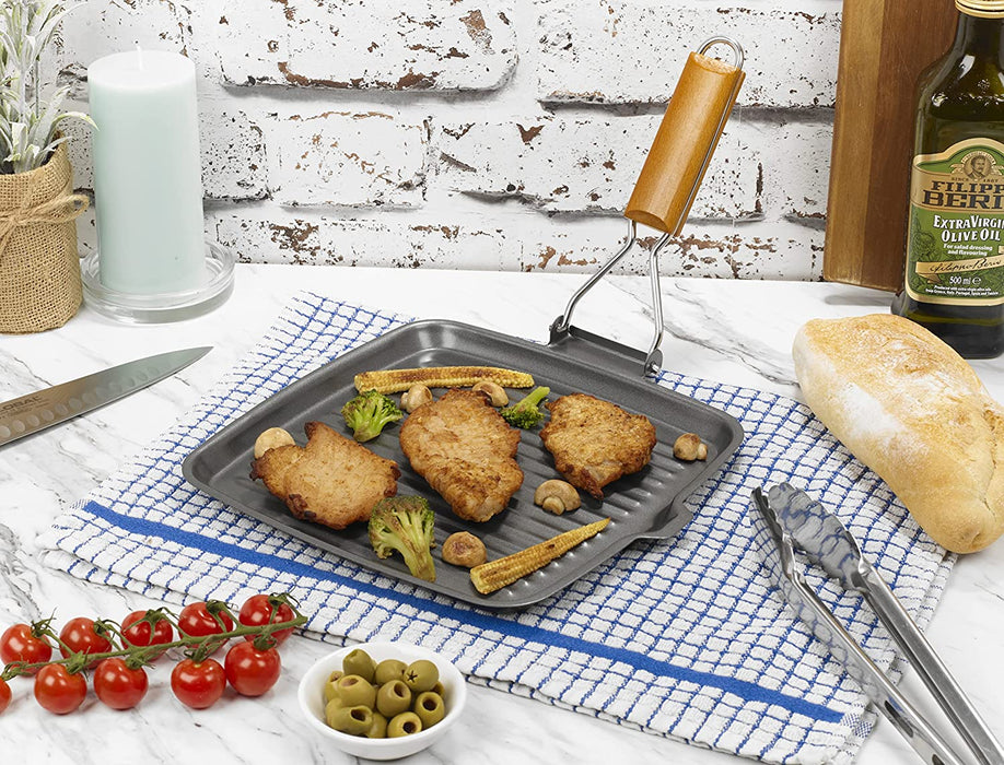 Homiu Griddle Pan Plate Carbon Steel with Non-Stick Ridge Surfaces, Frying Pans with Folding Handle for Stoves and Grills (Square)