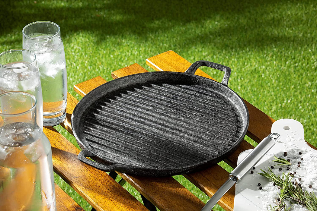Homiu Round Grey Cast Iron Griddle Plate, Frying, Enamel Pan Grill, BBQ, Skillet, NEW