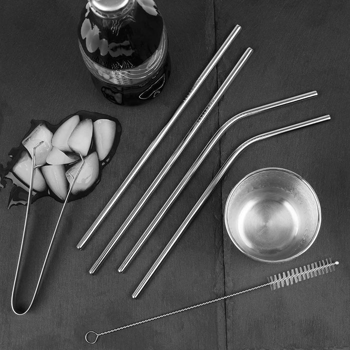 Homiu Stainless Steel Straws, Includes Cleaning Brush (Silver, 4 Bent + 4 Straight)