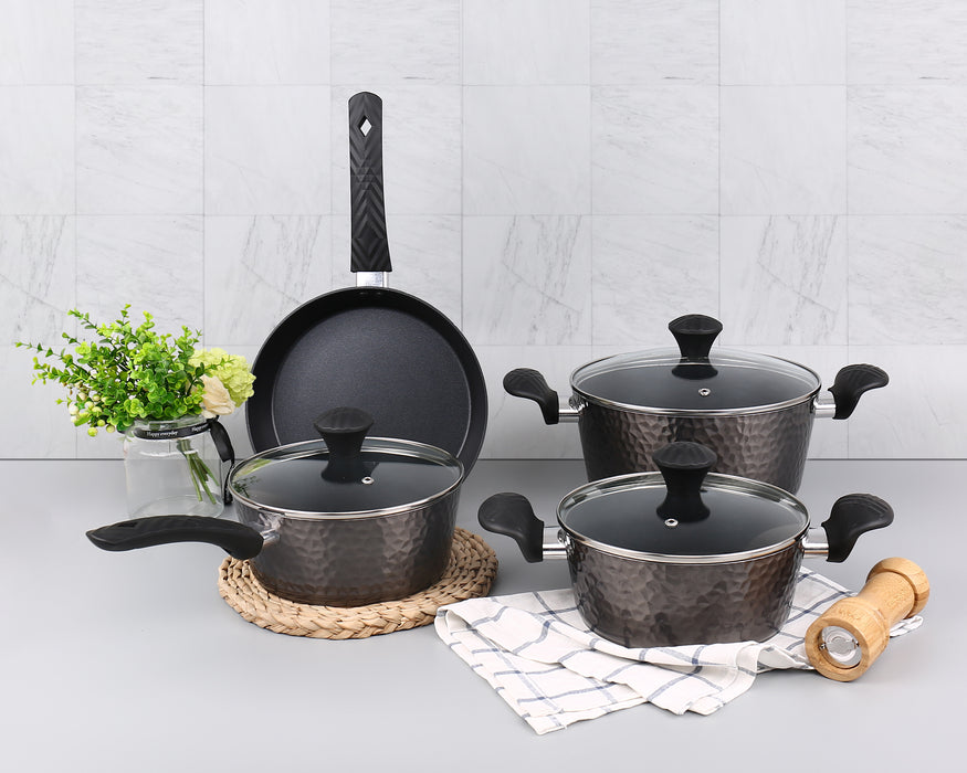 Homiu Pan Set, 7 Piece, Induction, Titanium Base, Aluminium with Tempered Glass Lids