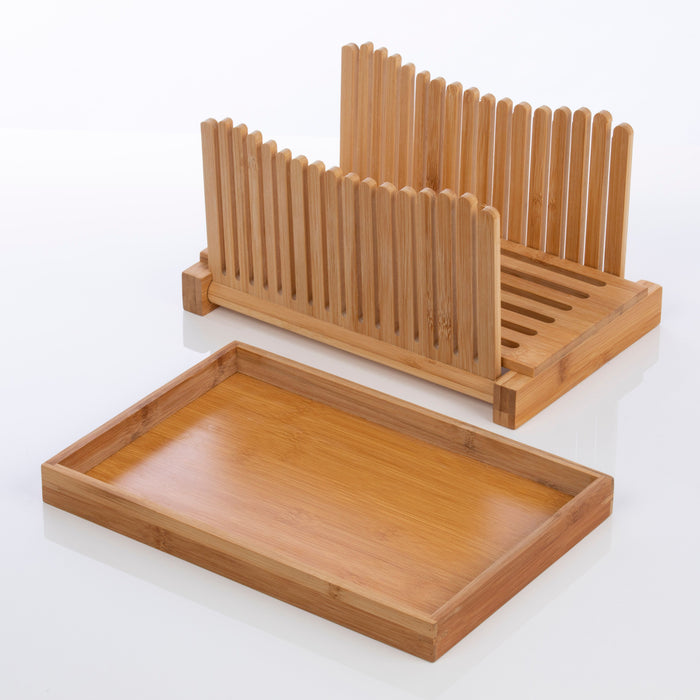 Homiu Bamboo Bread Cutter with Guide Foldable Loaf Slicer for Homemade Loaves, Cakes, Natural Bamboo Adjustable Thickness Design