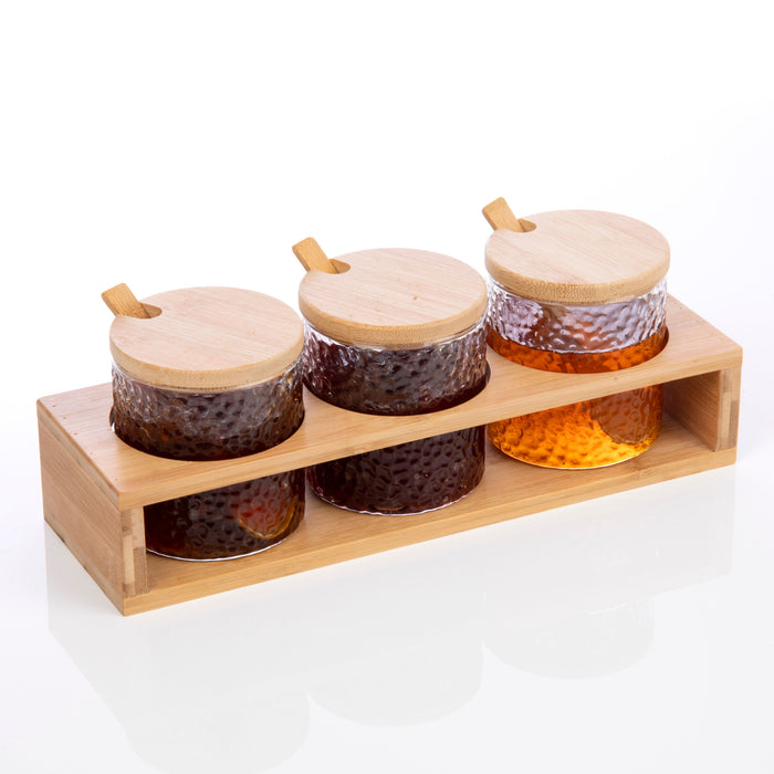 Homiu Spice Jar Set, Round, 3 Pack Clear Frosted Glass Pots with Bamboo Lids, Spoons and Stand