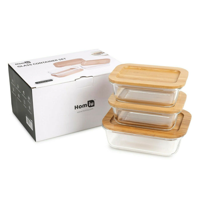 Homiu Glass Food/Storage Container with Bamboo Lids Airtight Leakproof Rectangle