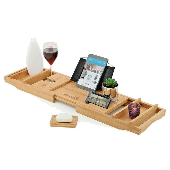 Homiu Bamboo Bath Caddy With Book Rest, Wine Glass, Smartphone Support Holders