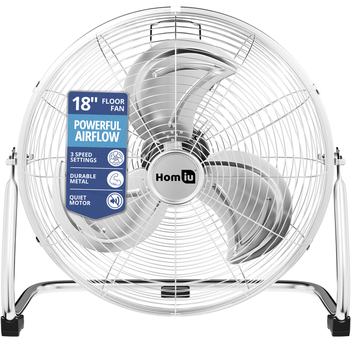 Homiu 18 Inch Chrome High Velocity Floor Fan | 3-Speed Adjustable Tilt