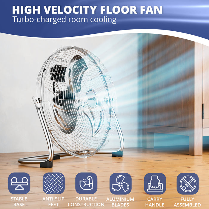 Homiu 18 Inch Chrome High Velocity Floor Fan | 3-Speed Adjustable Tilt