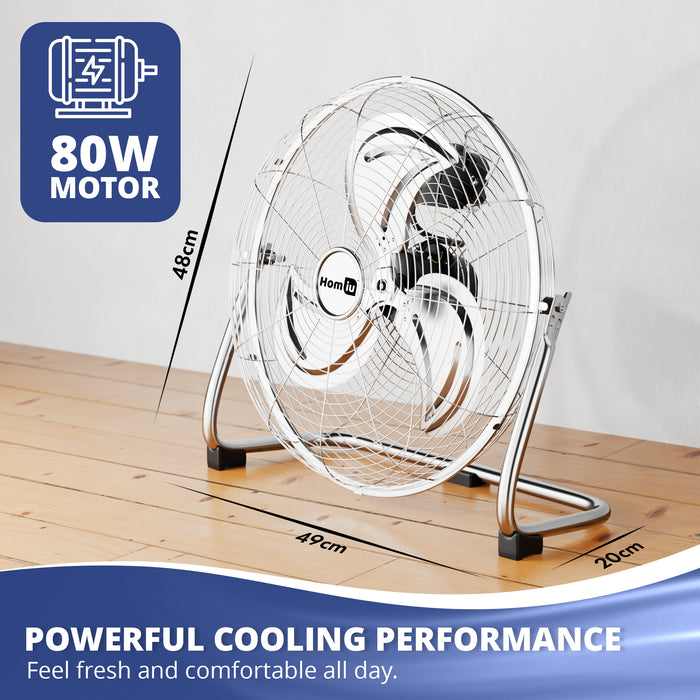 Homiu 16 Inch Chrome Floor Fan - 3 Speed High Velocity for Home & Office