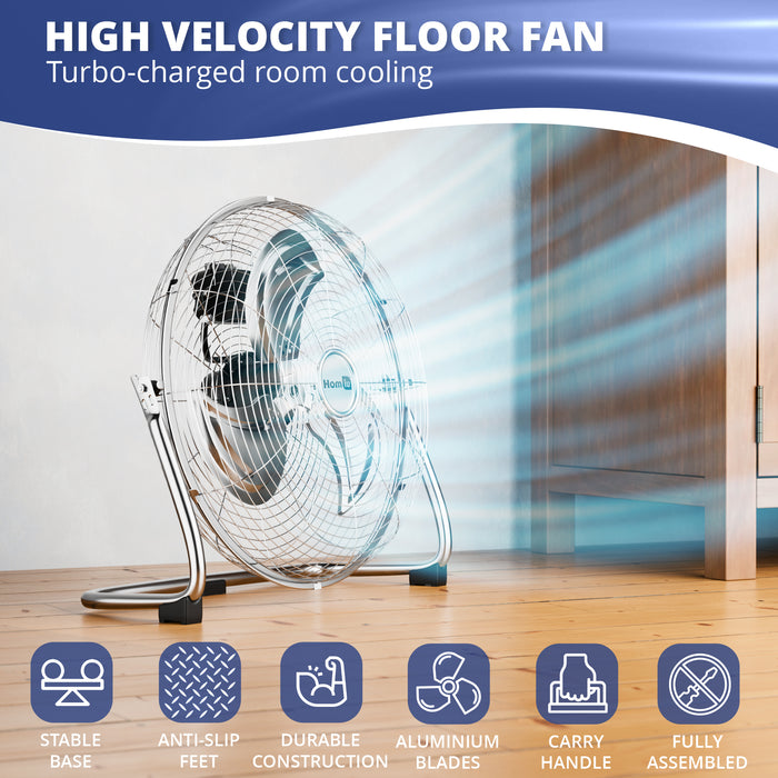 Homiu 16 Inch Chrome Floor Fan - 3 Speed High Velocity for Home & Office