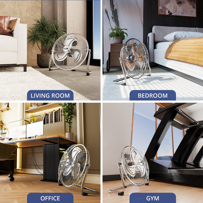 Homiu 16 Inch Chrome Floor Fan - 3 Speed High Velocity for Home & Office