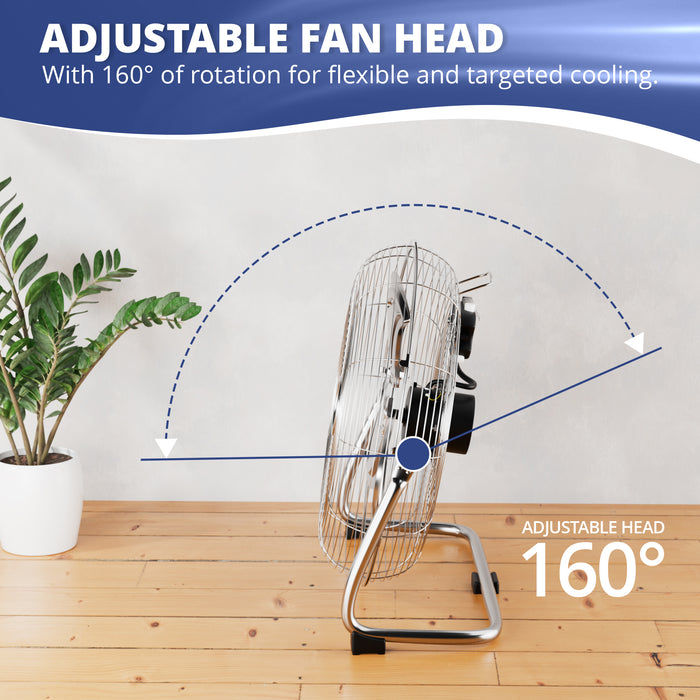 Homiu 16 Inch Chrome Floor Fan - 3 Speed High Velocity for Home & Office