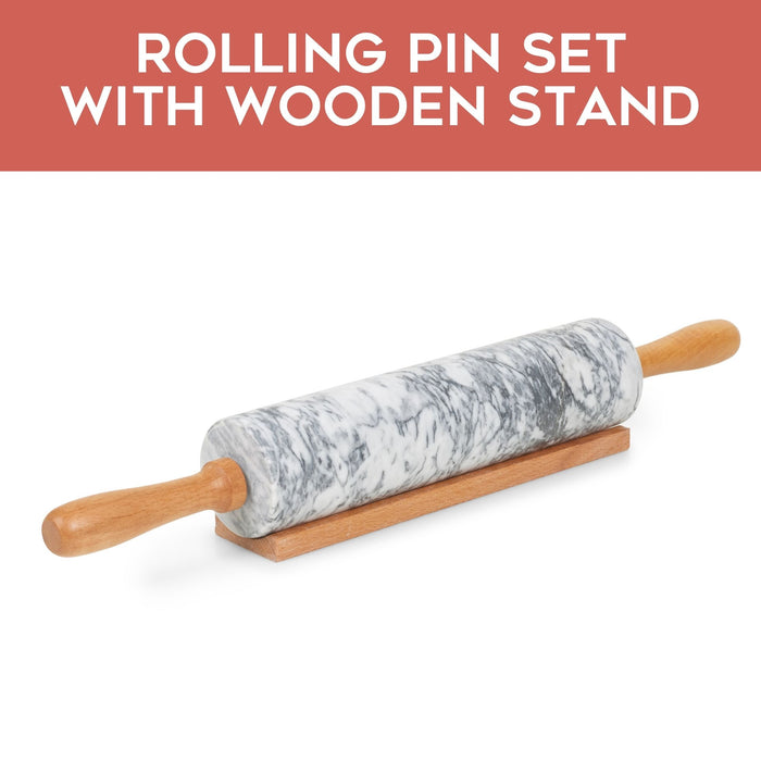Homiu Marble Rolling Pin with Wooden Stand and Handles