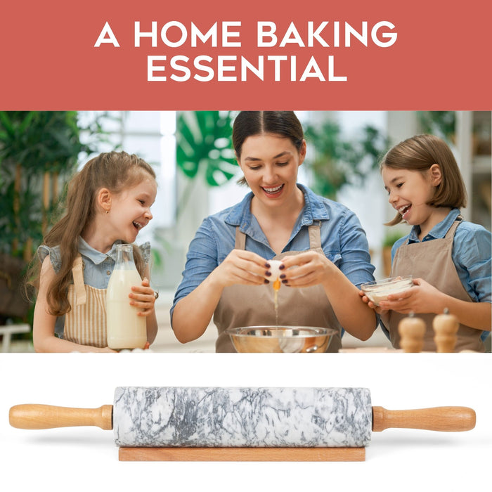 Homiu Marble Rolling Pin with Wooden Stand and Handles