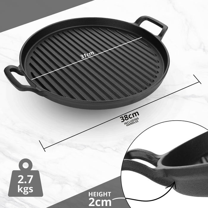 Homiu Cast Iron Griddle Pan with Handles – 31cm diameter