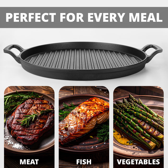Homiu Cast Iron Griddle Pan with Handles – 31cm diameter