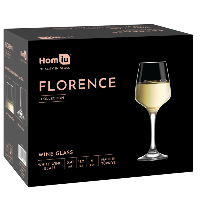 Homiu Large White Wine Glasses | Set of 6 | 330 ML | Florence Collection | Ideal for Party, Wedding, Christmas Gift, Home, Restaurants, Kitchen, Glassware | Dishwasher Safe