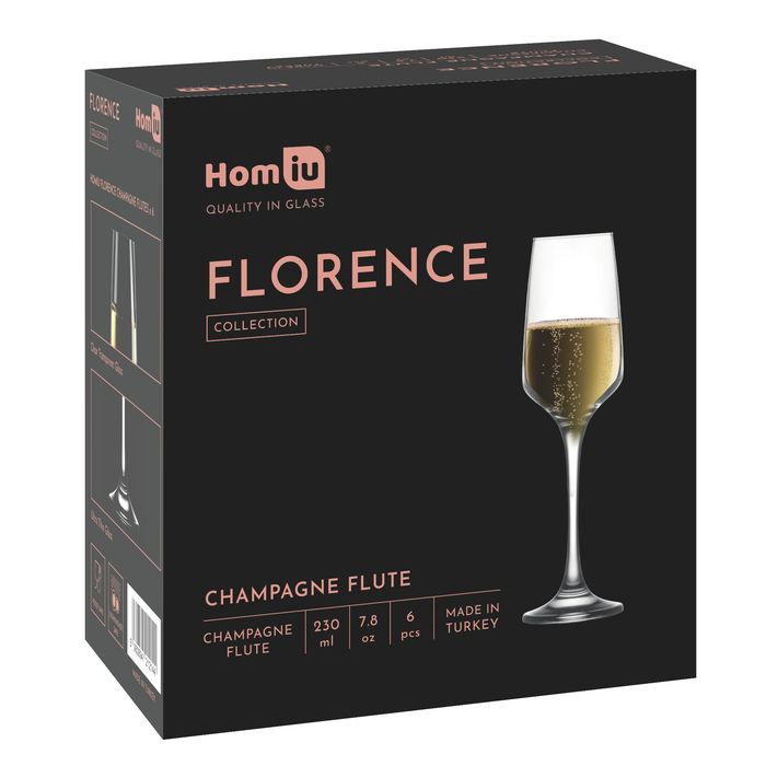 Homiu Champagne Flutes Set of 6 | 230 ML | Florence Collection | Gift for Women, Men, Wedding, Christmas | Lead-Free & Dishwasher Safe