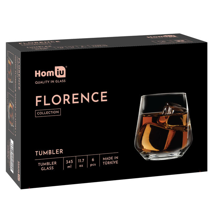 Homiu Whiskey Glass Tumbler Set | 345ml | Set of 6 |  Florence Collection | Ideal for Whiskey, Water, Juice, Scotch, Cocktail | Lead-Free & Dishwasher Safe