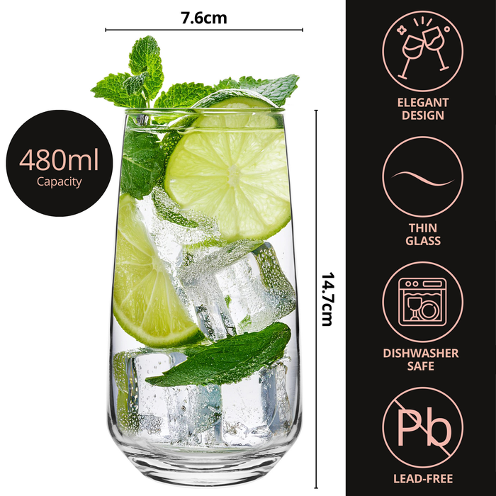 Homiu Florence Collection Highball Tumbler Glasses Set of 6 – 480ml