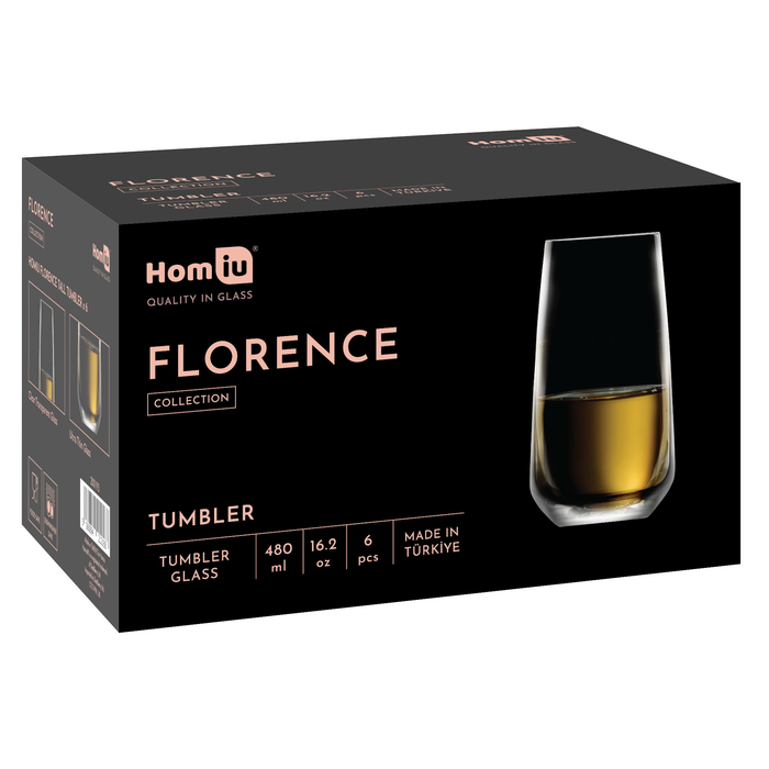 Homiu Highball Drinking Tumbler Glasses | Set of 6 | 480ML | Florence Collection | Lead-Free & Dishwasher Safe