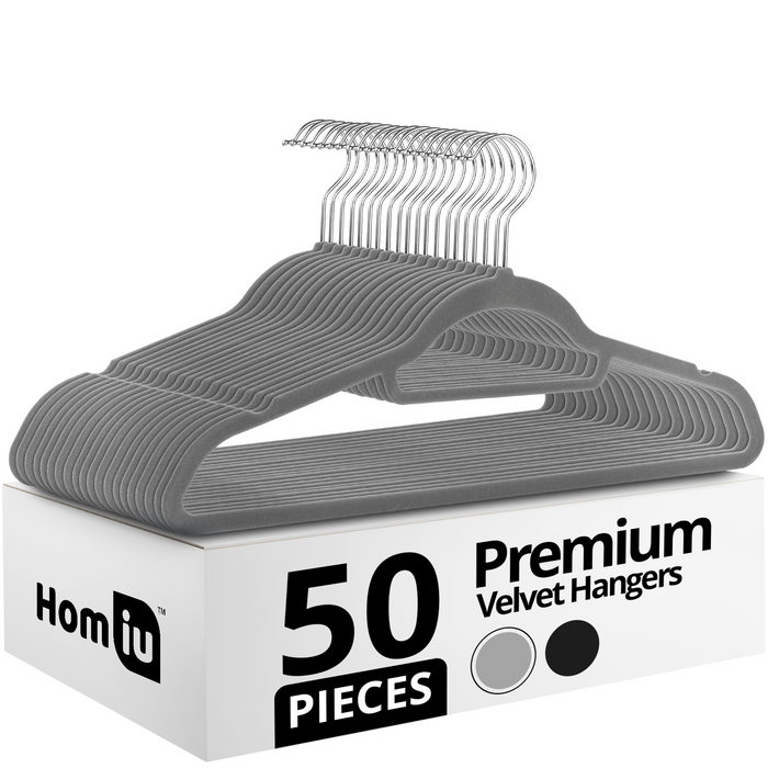 Homiu Velvet Non-Slip Coat Hangers - Black or Grey, 20-pack or 50-pack