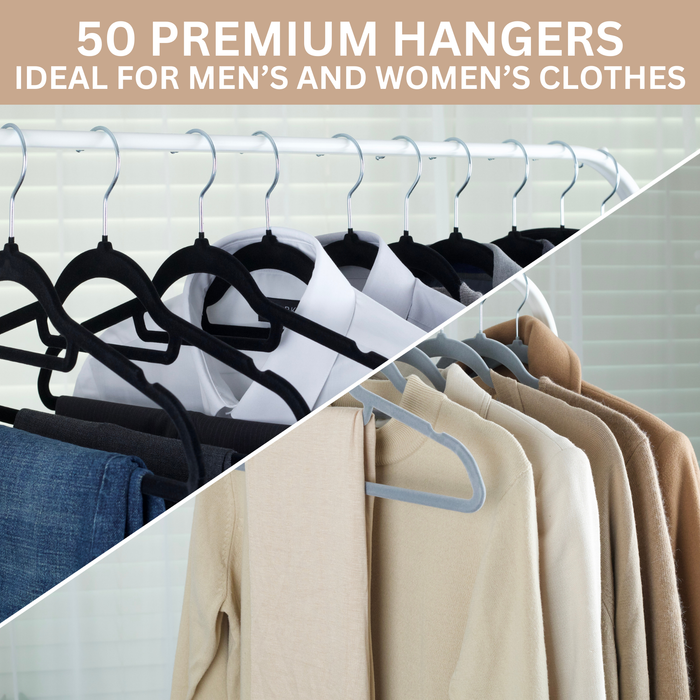 Homiu Velvet Non-Slip Coat Hangers - Black or Grey, 20-pack or 50-pack