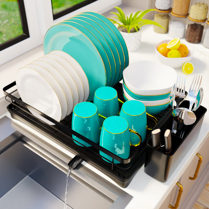 Homiu Single-Tier Dish Drainer Rack with 360° Swivel Drainage Spout
