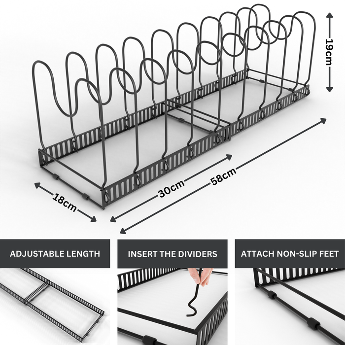 Homiu Extendable Pan Storage Rack with 10 Adjustable Dividers