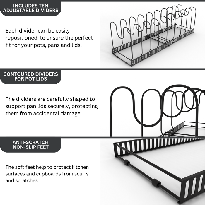 Homiu Extendable Pan Storage Rack with 10 Adjustable Dividers