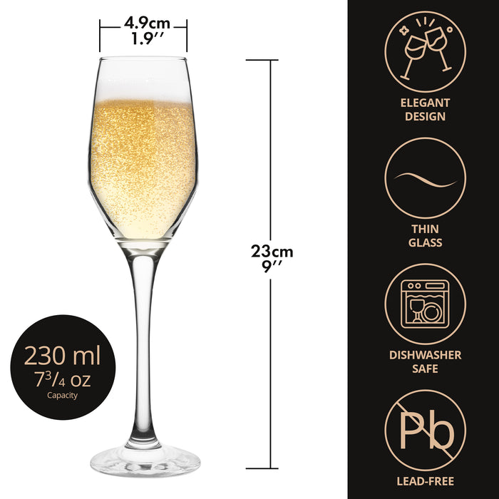 Homiu Glass Champagne Prosecco Flutes, Set of 6, 230 ML