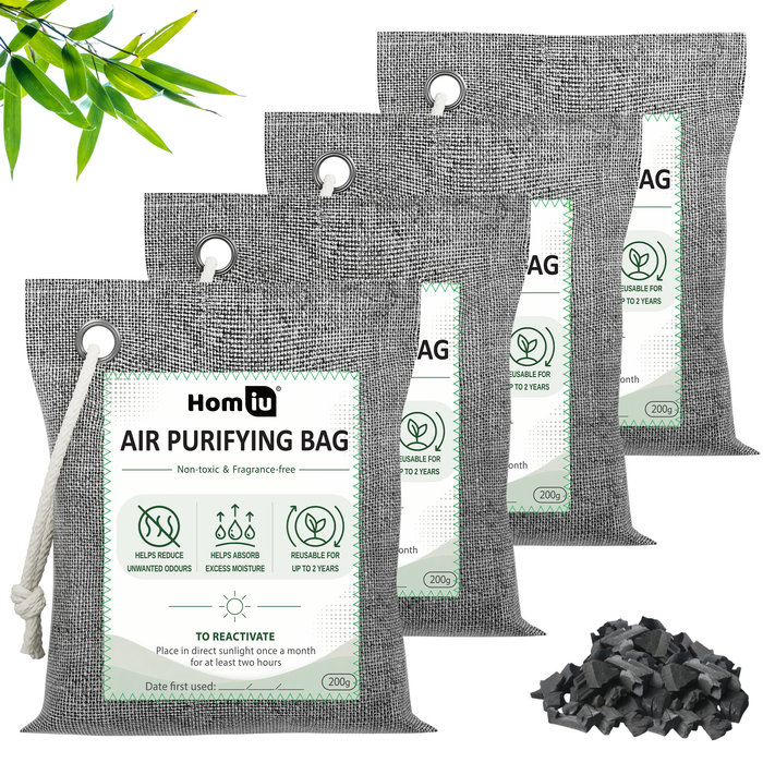 Homiu Bamboo Charcoal Air Purifying Bags 4-Pack (4x 200g Bags) - Natural Odour Eliminator