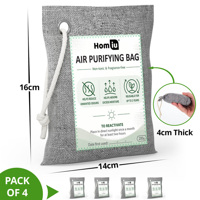 Homiu Bamboo Charcoal Air Purifying Bags 4-Pack (4x 200g Bags) - Natural Odour Eliminator