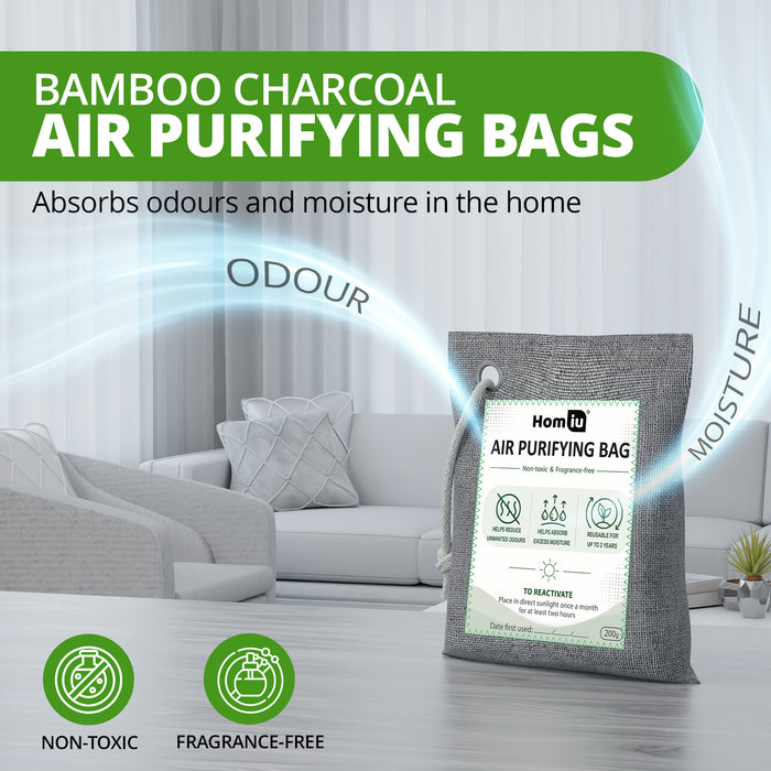 Homiu Bamboo Charcoal Air Purifying Bags 4-Pack (4x 200g Bags) - Natural Odour Eliminator