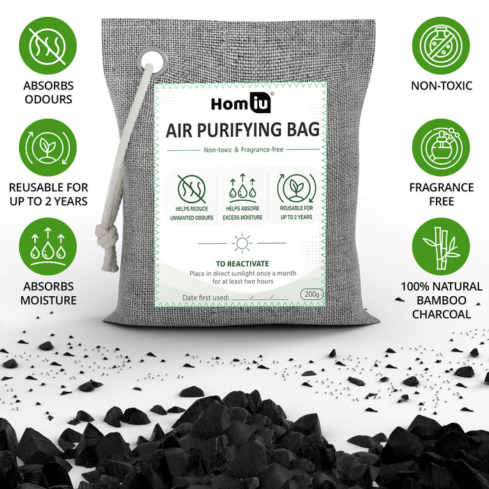 Homiu Bamboo Charcoal Air Purifying Bags 4-Pack (4x 200g Bags) - Natural Odour Eliminator