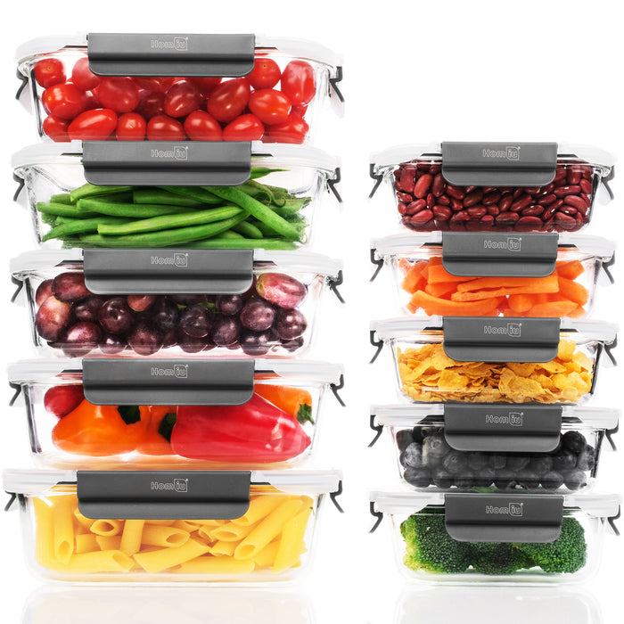 Homiu Borosilicate Glass Meal Prep Containers with Lids – Set of 10