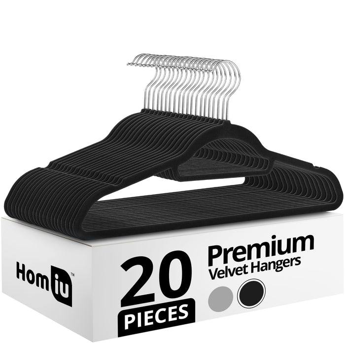 Homiu Velvet Non-Slip Coat Hangers - Black or Grey, 20-pack or 50-pack