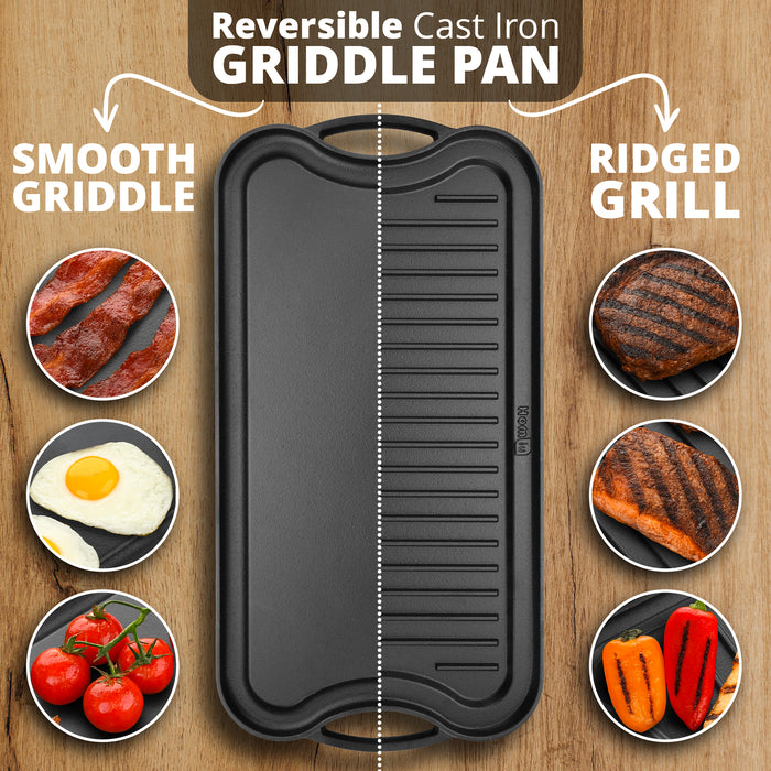 Homiu Reversible Pre-Seasoned Cast Iron Griddle Pan 50.5cm