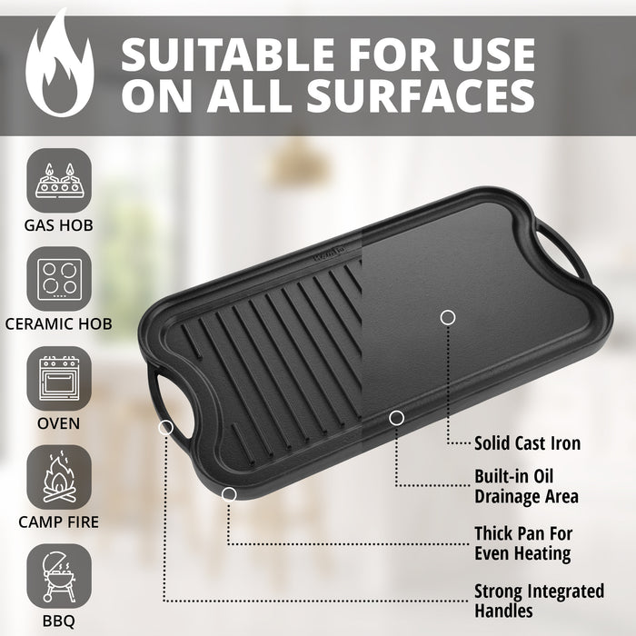 Homiu Reversible Pre-Seasoned Cast Iron Griddle Pan 50.5cm