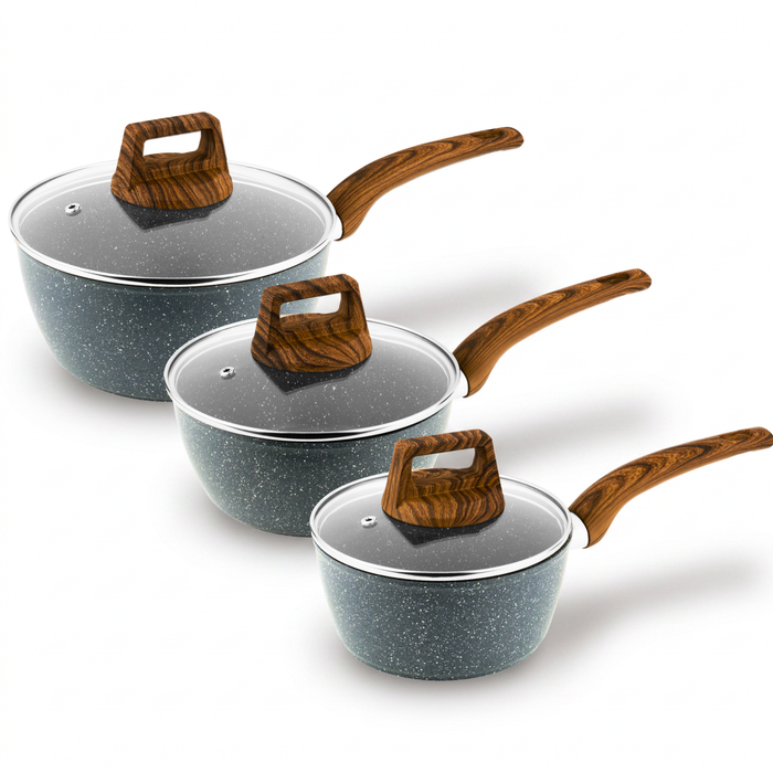 Homiu 3-Piece Dark Grey Non-Stick Saucepan Set with Glass Lids - 16cm, 18cm & 20cm